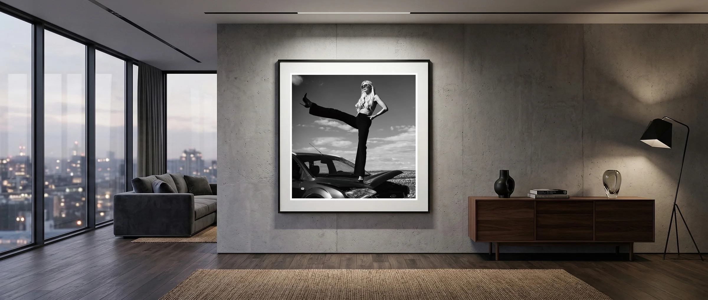 A framed photograph in a bright contemporary interior